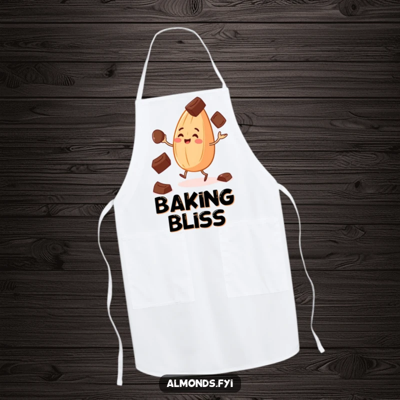 Funny apron with a cheerful almond juggling chocolate chips, ideal for humorous baking wear.