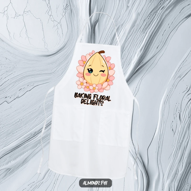 Funny apron featuring a smiling almond character surrounded by petals, perfect for cheerful cooks and adding a touch of floral fun.