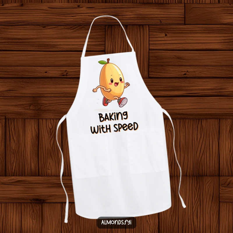 Funny apron with an anthropomorphic almond wearing tiny sneakers, running a race, perfect for kitchen humor.