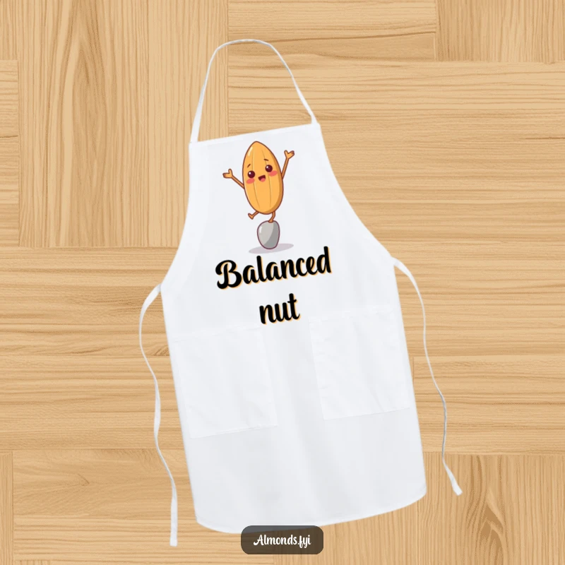 Funny apron showing a cheerful almond character in a precarious balancing act, a humorous kitchen essential.