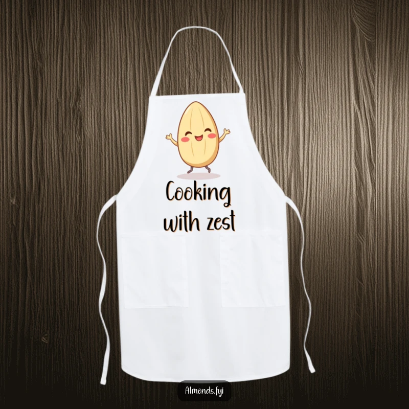 Funny apron with a smiling almond character dancing with tiny legs, ideal for chefs who enjoy adding a touch of humor to their cooking.