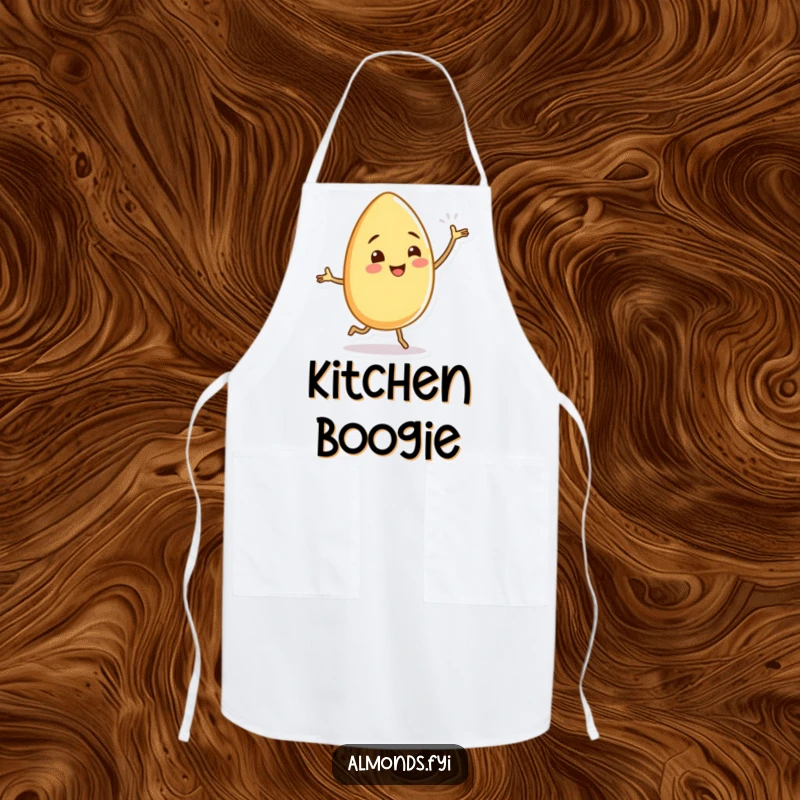 Funny almond character dancing with tiny, wiggling legs, printed on a practical apron for kitchen fun and style.