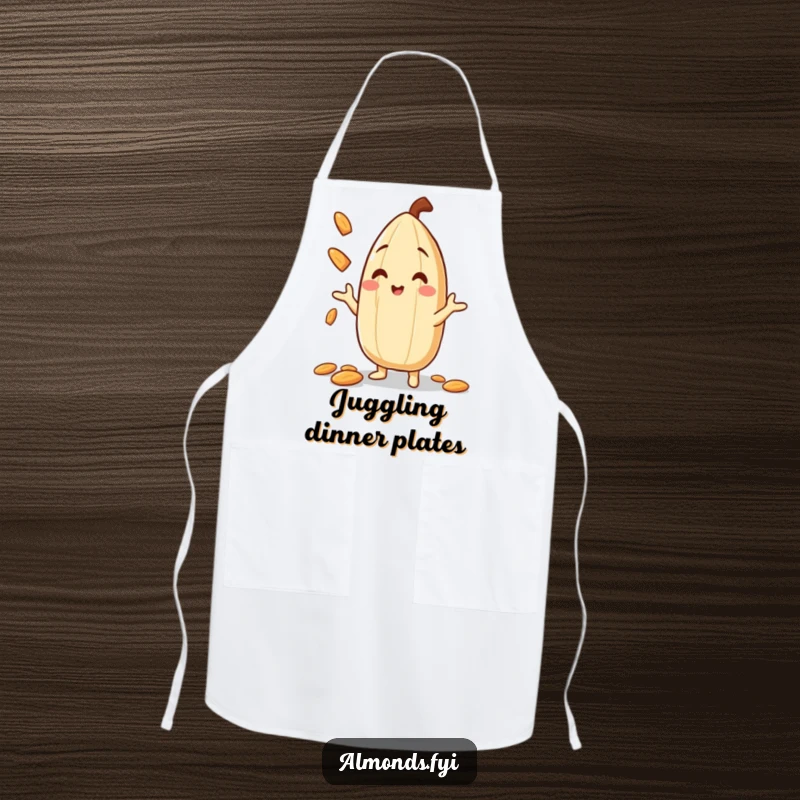 Funny Apron adorned with a smiling almond character skillfully juggling almond slivers, ready to add nutty fun to cooking.