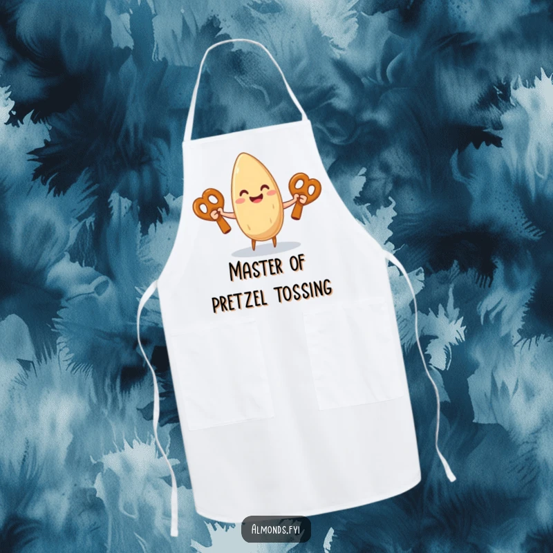 Funny apron showcasing a happy almond character juggling three large pretzel sticks, ready for kitchen fun.