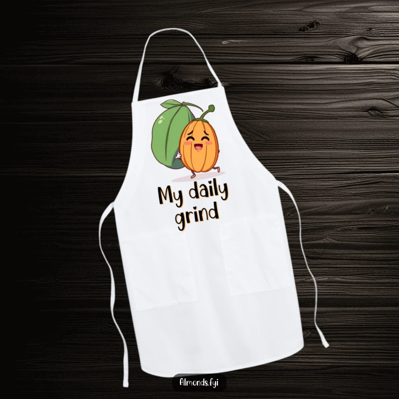 Funny apron featuring a determined almond character trying to push a huge, friendly raisin, ideal for cooking.