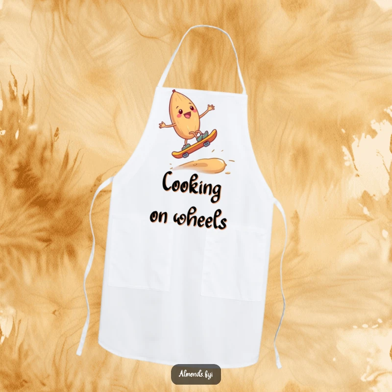 Funny apron showing a happy almond with tiny legs skateboarding on a cashew, a humorous and practical kitchen accessory.