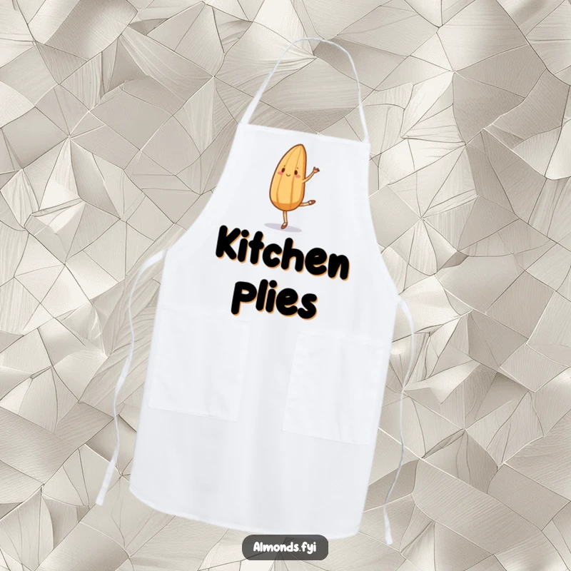 Funny apron with an almond character attempting a ballet move with hilariously awkward grace, looking ready to whip up a culinary masterpiece.
