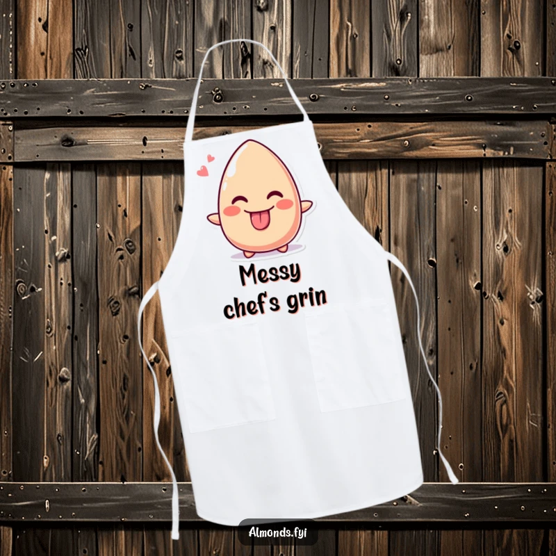 Funny apron showing a cute almond character sticking its tongue out with a cheeky grin, ready to cook.