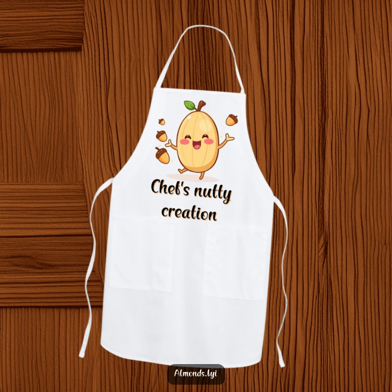Funny Chef Almond Juggler Apron: Cheerful almond character gleefully juggling acorns, practical and humorous kitchen wear. Amazing funny gift.