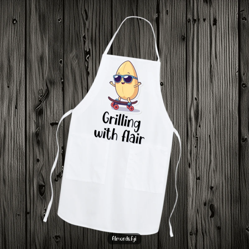 Funny apron graphic of a smiling almond character wearing sunglasses, riding a tiny skateboard, perfect for humorous kitchen moments.