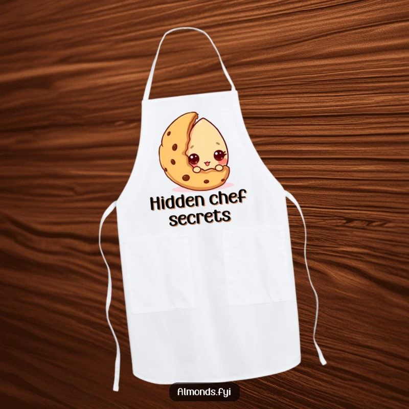 Funny apron showing a curious almond peeking from behind a cookie, ideal for a baker who loves fun. Great funny gift.