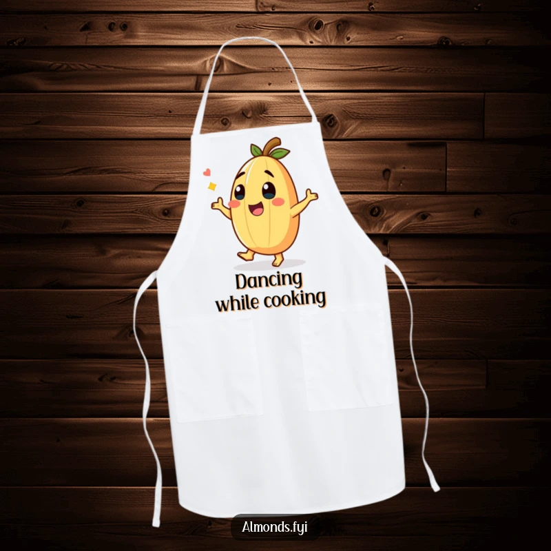 Funny Apron with a giggling almond character performing a funny dance, bringing humorous fun to kitchen tasks.