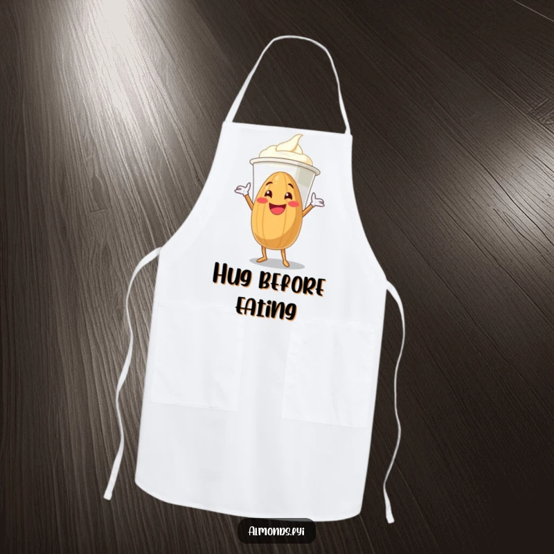 Funny grinning almond character enthusiastically hugging a giant yogurt cup on a functional and funny apron.