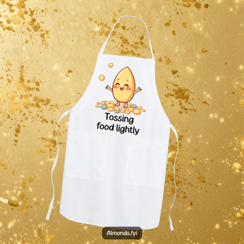 Funny apron featuring a giggling almond character juggling small pebbles, ideal for kitchen tasks and spreading cheer.
