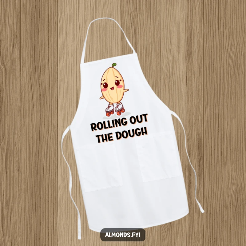 Funny apron: A determined almond character in tiny roller skates, ready to whip up a culinary masterpiece.