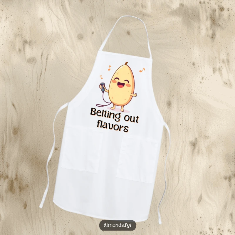 Funny apron showing a joyful almond character holding a tiny microphone, appearing ready to sing while cooking.