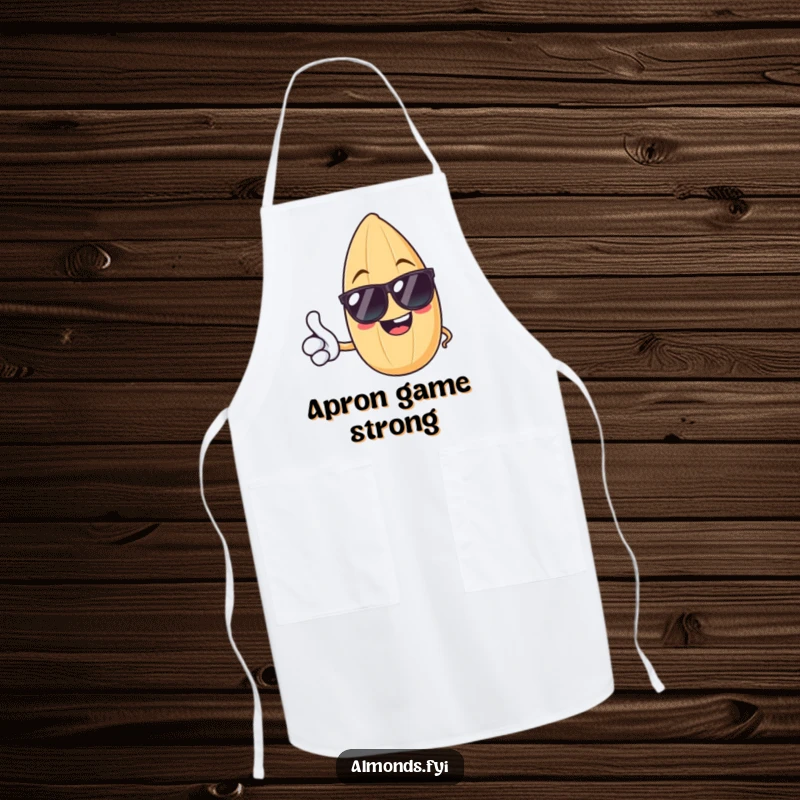 Funny apron featuring a cheerful almond in sunglasses giving a thumbs up, ideal for kitchen fun and staying clean.