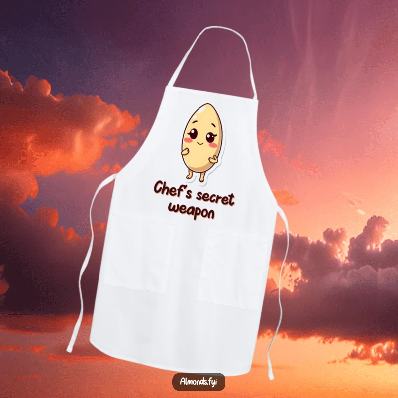 Funny apron: confident almond character winking charmingly, ready to add flair and flavor to any kitchen task.