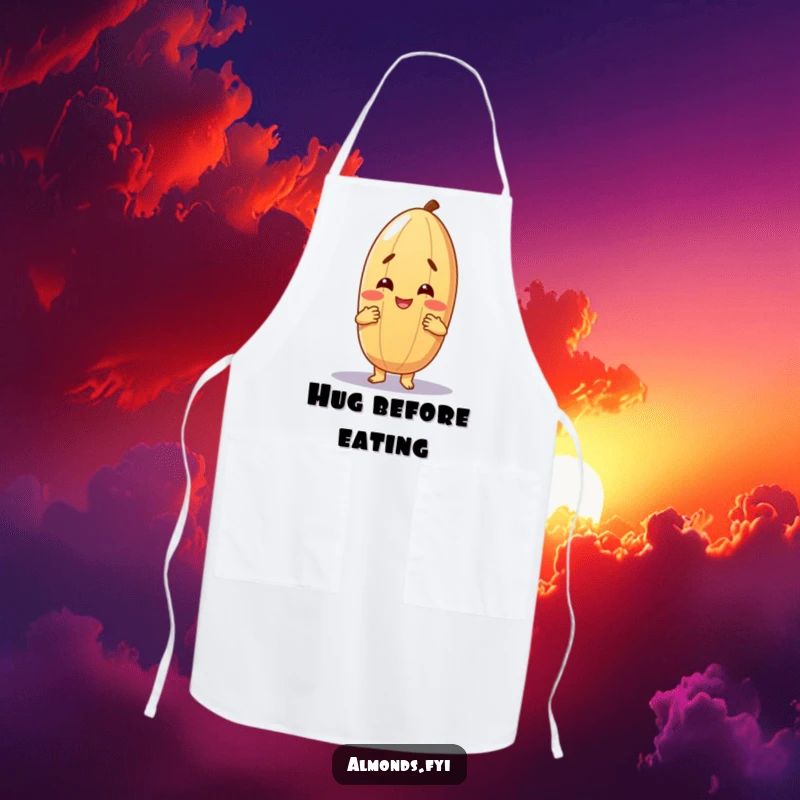 Funny apron showcasing a cheerful almond character offering a warm, friendly hug, ideal for adding a personal touch to kitchen activities.