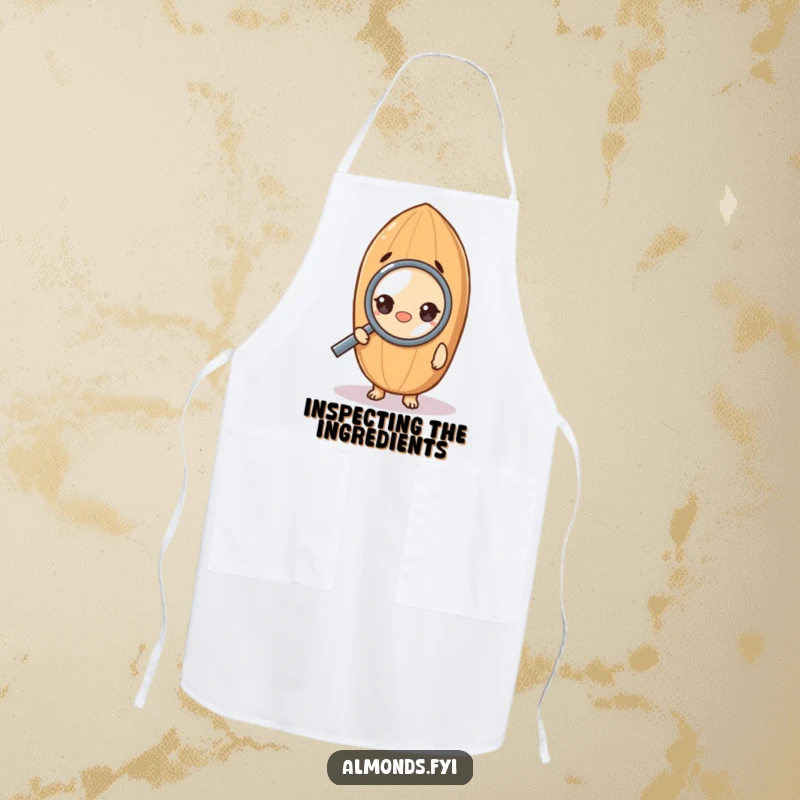 Funny apron design showing a curious almond character examining something with a magnifying glass, ideal for a humorous kitchen setting.