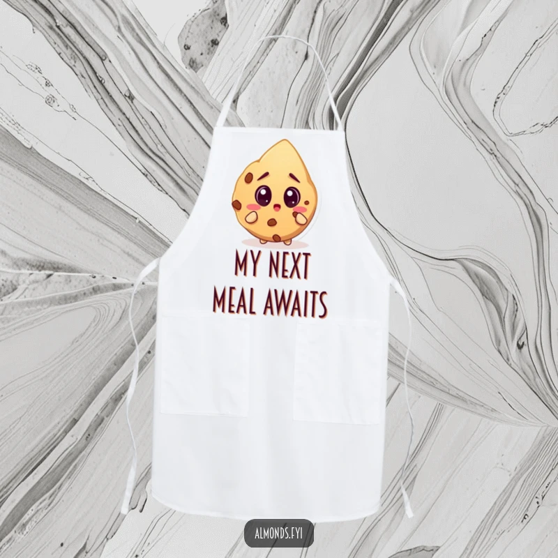 Funny apron with a surprised almond character featuring large eyes, captivated by a colossal cookie, ready for culinary fun.
