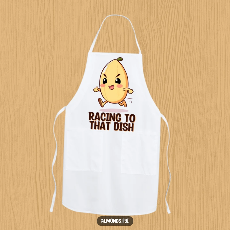 Funny Chef Almond Runner Apron: Determined almond character sprinting forward with focus, practical and humorous kitchen wear. Amazing funny gift.