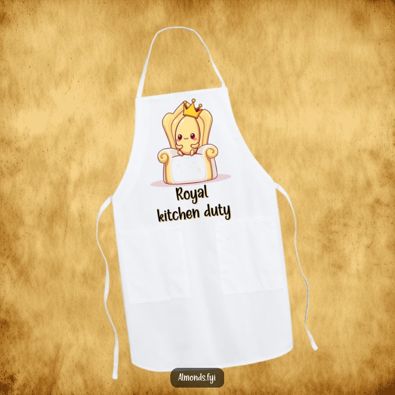 Funny apron showing a shy almond wearing a crown, awkwardly trying to sit on a giant sugar cube throne, humorous royal attire.