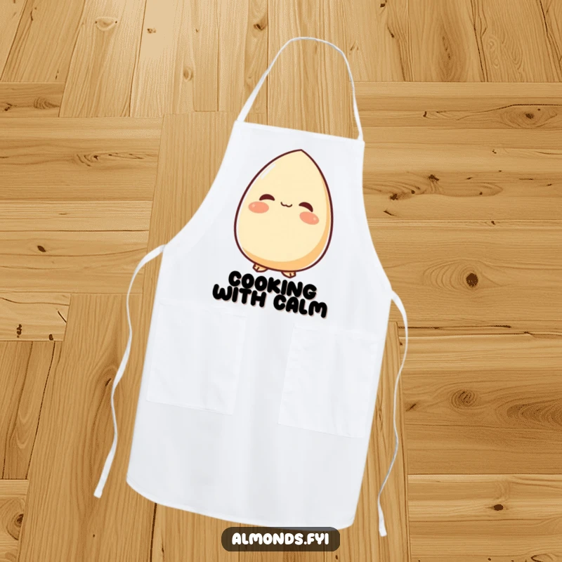 Funny apron featuring a content almond character looking upwards with a peaceful smile, perfect for cooks who appreciate calm and serenity.