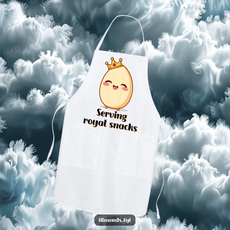 Funny apron showing a giggling almond character wearing a tiny crown, ready to rule the kitchen with humor.