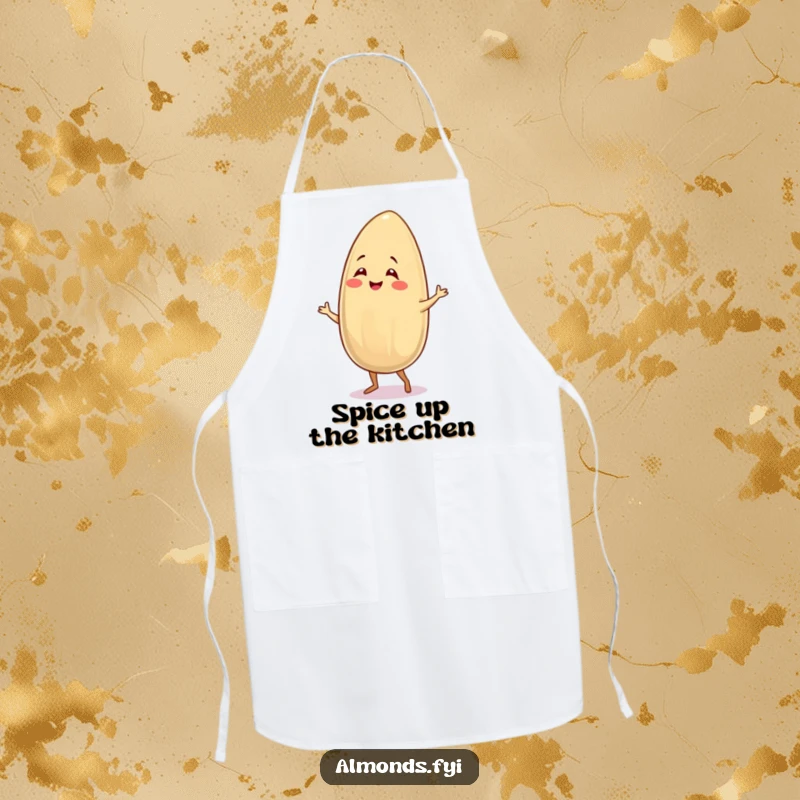 Funny apron showing a smiling almond character doing a salsa dance, ideal for humorous and lively kitchen activities.