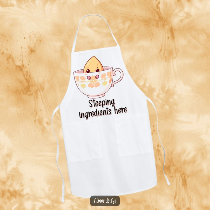 Funny apron with a curious almond character peeking from inside a giant teacup, ready for kitchen exploration.