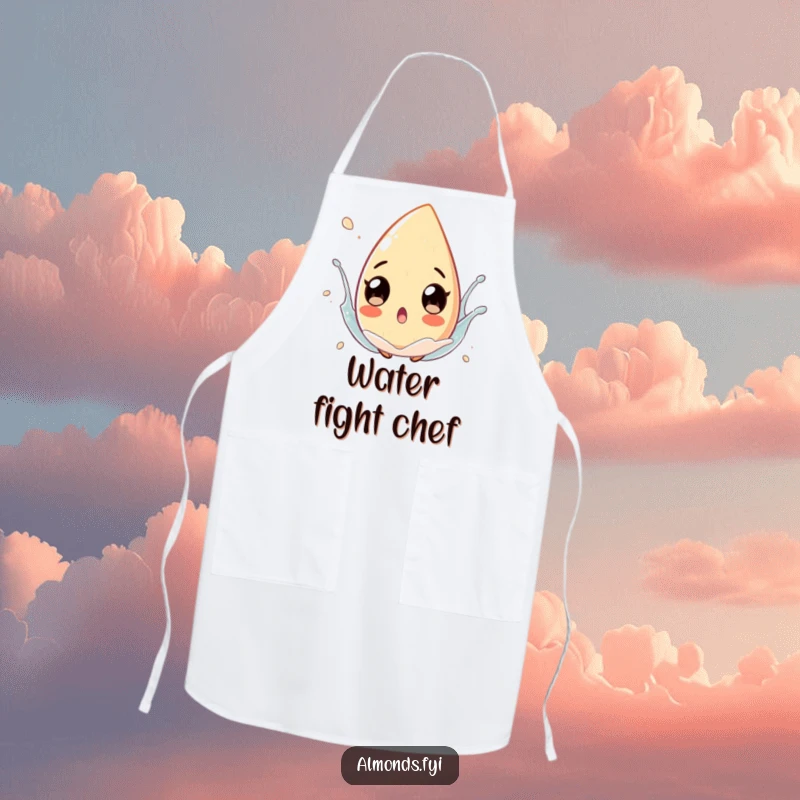 Funny almond character with exaggerated, surprised eyes in a playful splash, printed on a practical apron for kitchen fun.