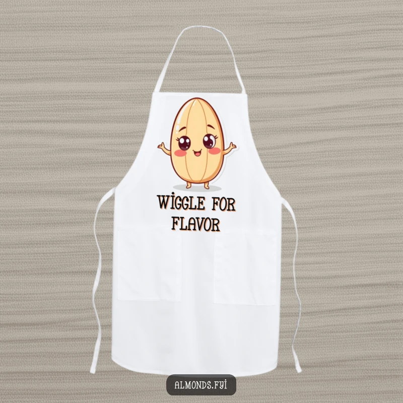 Funny apron showcasing a playful almond character with googly eyes, doing a humorous wiggle, ideal for adding fun to kitchen activities.