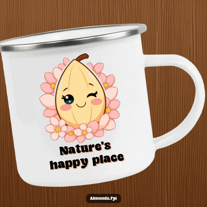 Funny camping mug with a smiling almond character surrounded by petals, designed for cheerful outdoor experiences and a touch of nature.