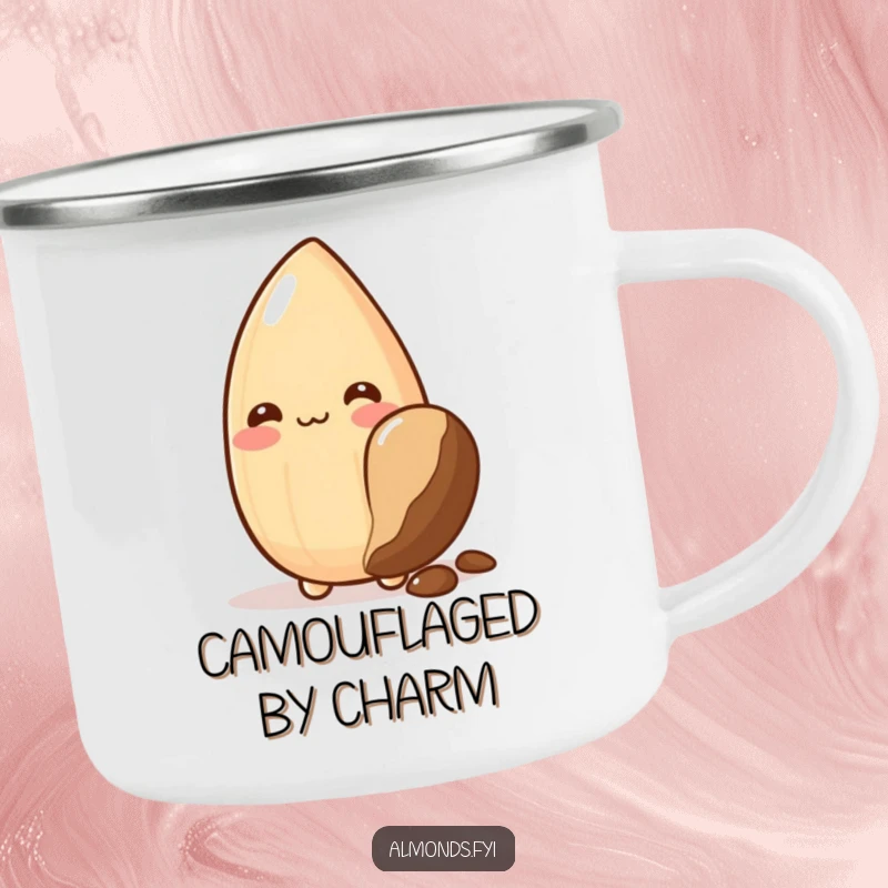 Funny camping mug: adorable almond character blushing while hiding behind a chocolate chip, perfect for cozy outdoor moments.