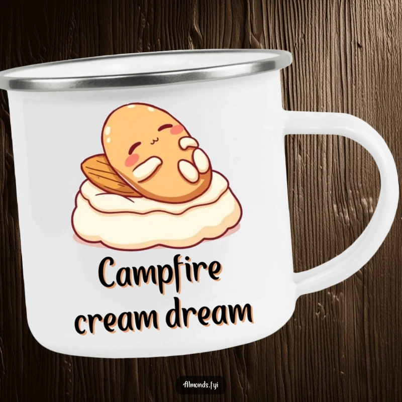 Funny camping mug: A relaxed almond character lounging on cream, perfect for serene outdoor moments.
