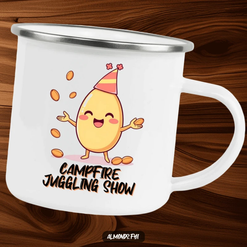 Funny camping mug showing a happy almond character in a party hat, juggling smaller almonds, perfect for enjoying drinks by the campfire.