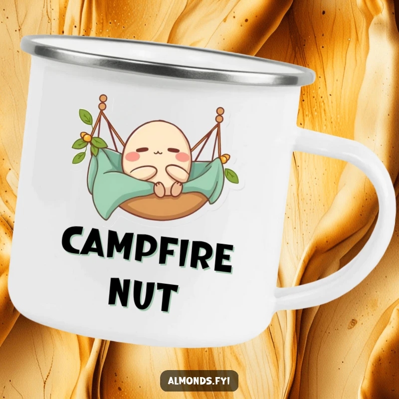 Funny Camping Mug: A happy almond character relaxing in a hammock, ready for outdoor chill.