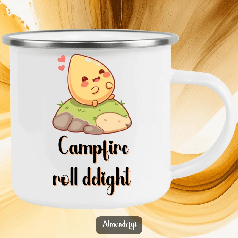 Funny Camp Almond Roller Mug: Giggling almond character happily rolling down a hill, rugged and humorous drinkware. Wonderful funny gift.