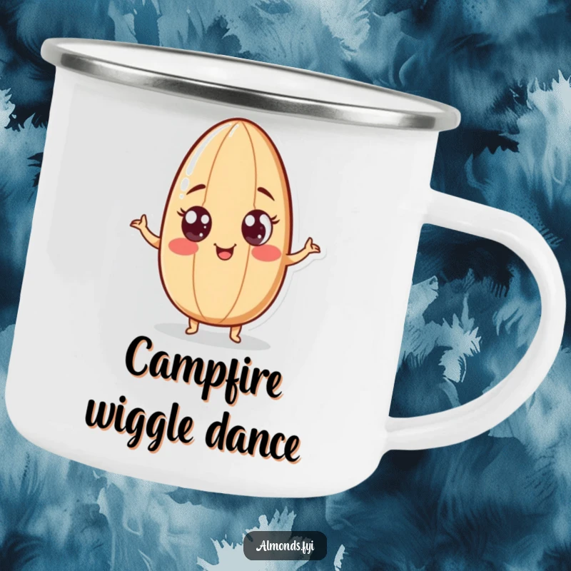 Funny camping mug showing a playful almond character with googly eyes, doing a humorous wiggle, perfect for enjoying drinks outdoors with a laugh.