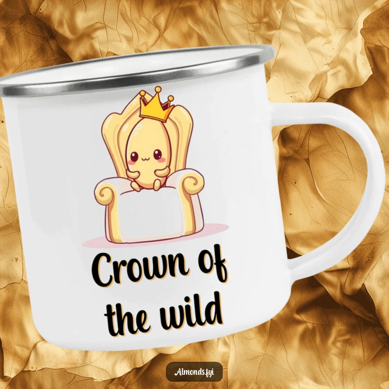 Funny camping mug featuring a shy almond with a crown trying to sit on a giant sugar cube throne, durable and humorous gift.
