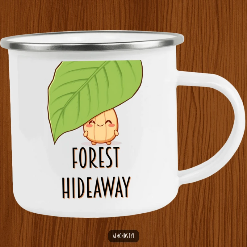 Funny camping mug with a grinning almond character peeking from behind a leaf, perfect for outdoor fun.