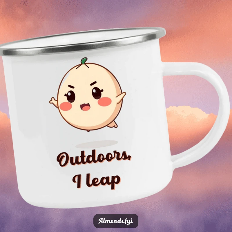Funny camping mug with a determined, round almond character with a fierce expression, ready to leap into any adventure.