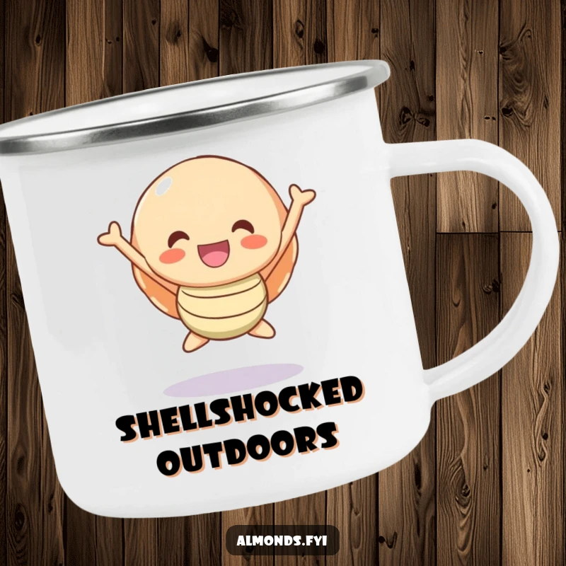 Funny Camping Mug: A happy shell character jumping with excitement, perfect for outdoor adventures.