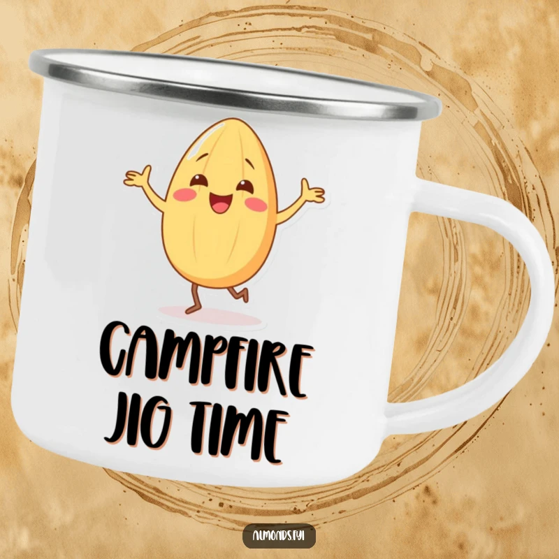 Funny camping mug featuring a happy almond character doing a silly dance with tiny legs, perfect for outdoor enjoyment.