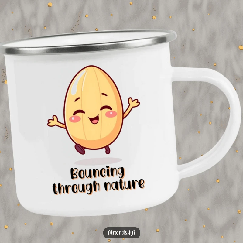 Funny camping mug featuring a giggling almond character on legs, happily bouncing, ideal for cheerful outdoor enjoyment.