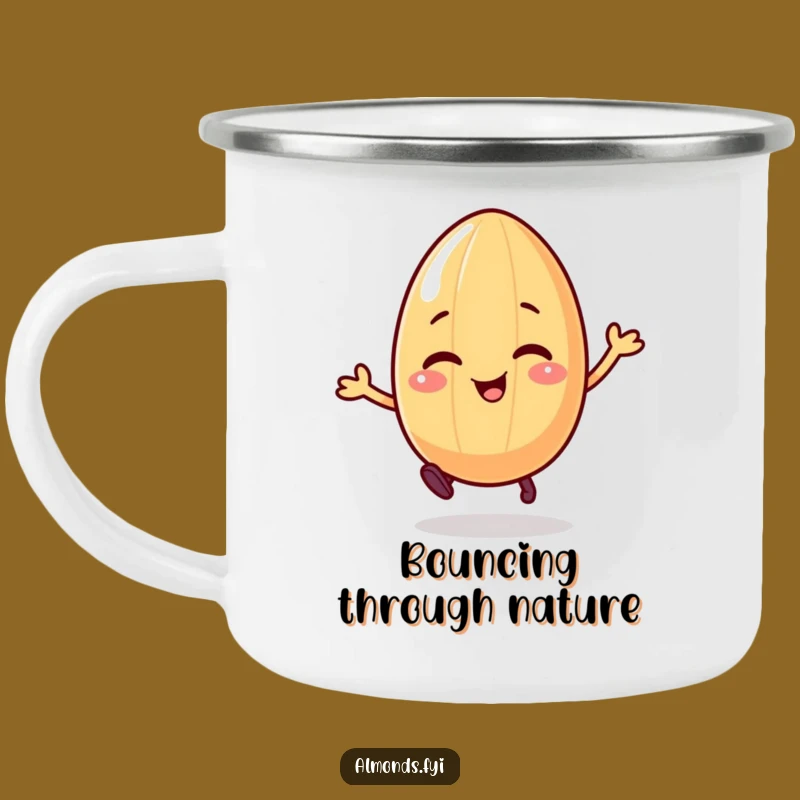 Funny Bouncing Almond Camp Mug: Giggling Character's Outdoor Fun