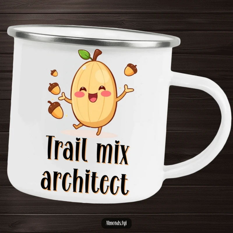 Funny Camp Almond Juggler Mug: Cheerful almond character gleefully juggling acorns, rugged and humorous drinkware. Wonderful funny gift.