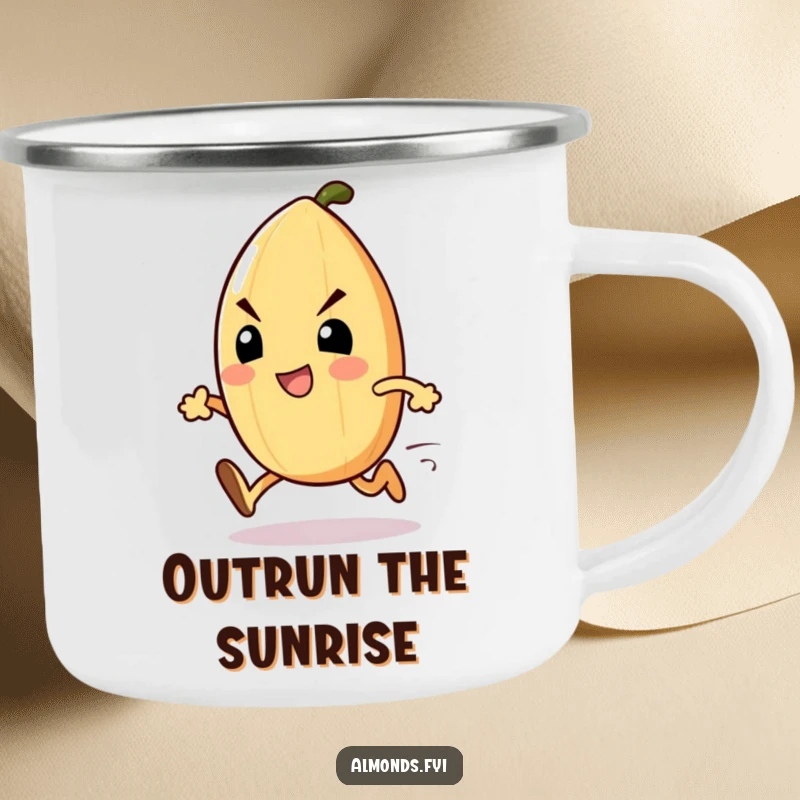 Funny Camp Almond Sprinter Mug: Determined almond character sprinting forward with focus, rugged and humorous drinkware. Wonderful funny gift.
