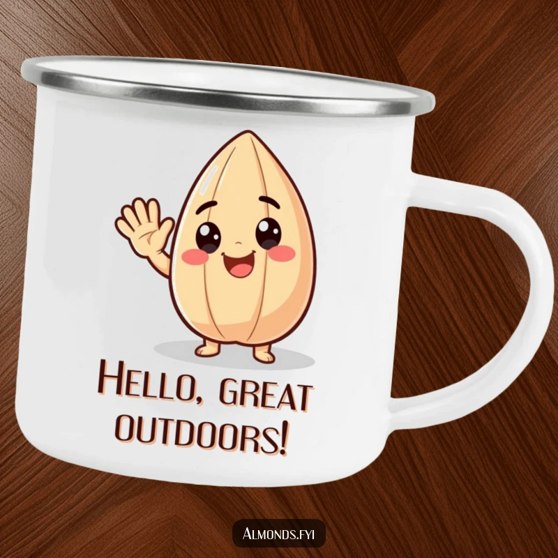 Funny camping mug illustration of a delighted almond character waving cheerfully, bringing happy greetings to outdoor mornings.